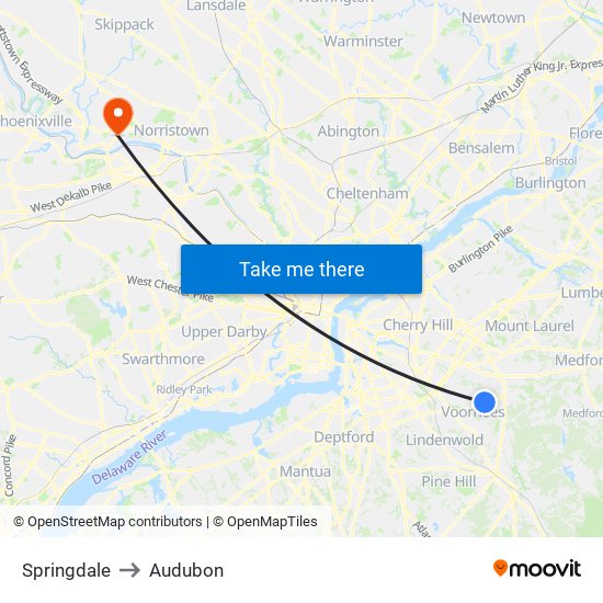 Springdale to Audubon map