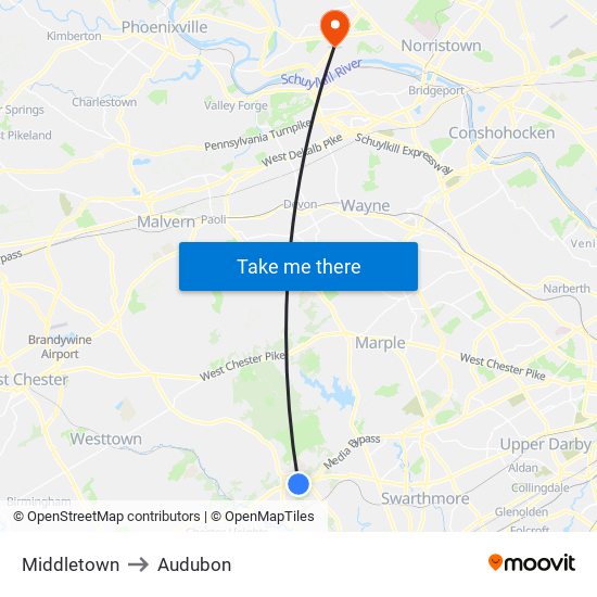 Middletown to Audubon map