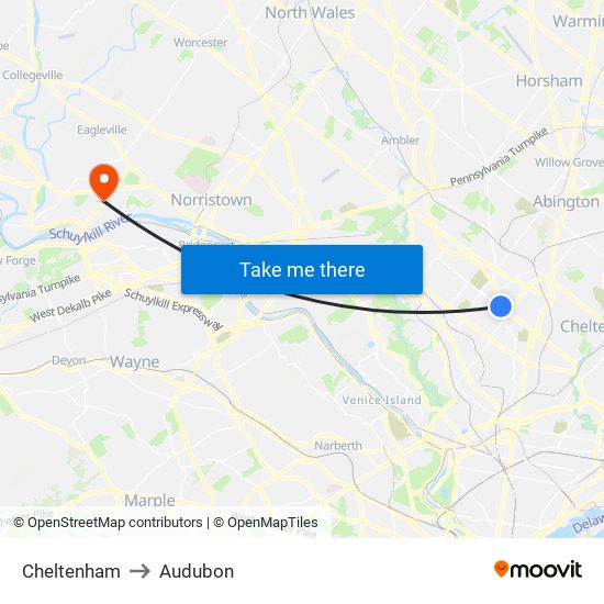 Cheltenham to Audubon map
