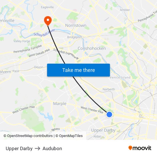 Upper Darby to Audubon map