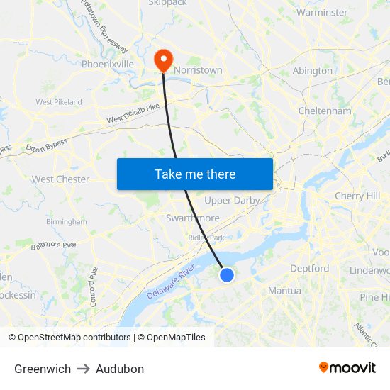 Greenwich to Audubon map