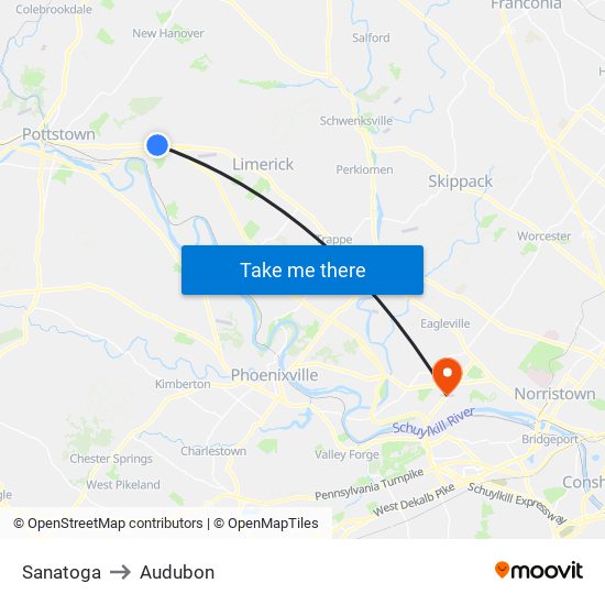 Sanatoga to Audubon map