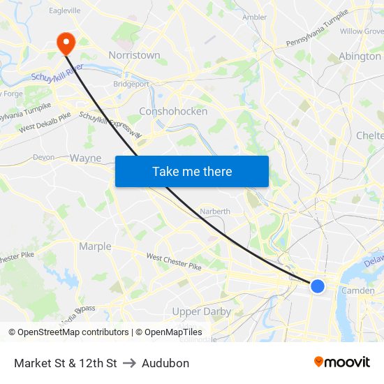 Market St & 12th St to Audubon map