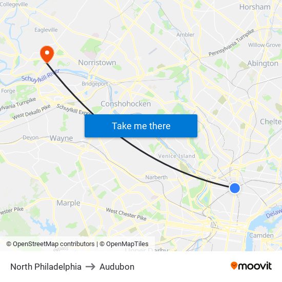 North Philadelphia to Audubon map