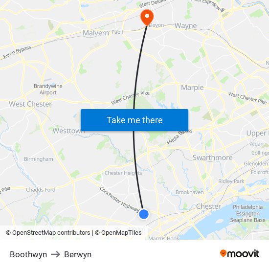 Boothwyn to Berwyn map