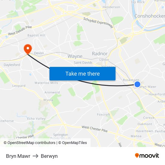 Bryn Mawr to Berwyn map