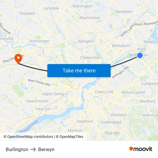 Burlington to Berwyn map