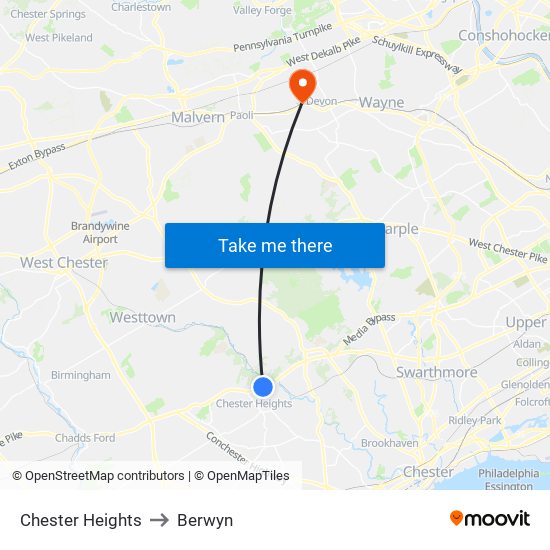 Chester Heights to Berwyn map