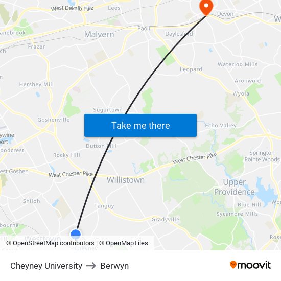 Cheyney University to Berwyn map