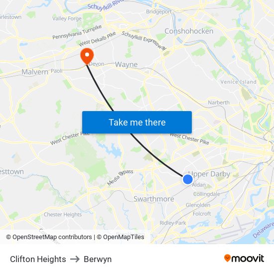Clifton Heights to Berwyn map