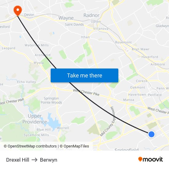 Drexel Hill to Berwyn map