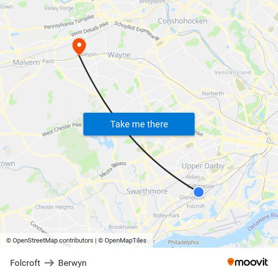 Folcroft to Berwyn map
