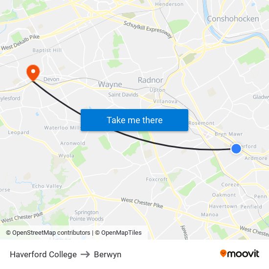 Haverford College to Berwyn map