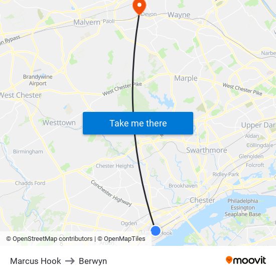 Marcus Hook to Berwyn map