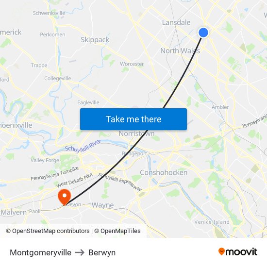 Montgomeryville to Berwyn map