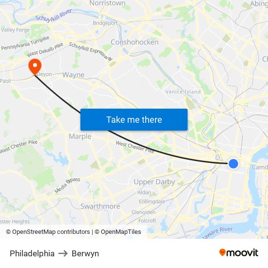Philadelphia to Berwyn map