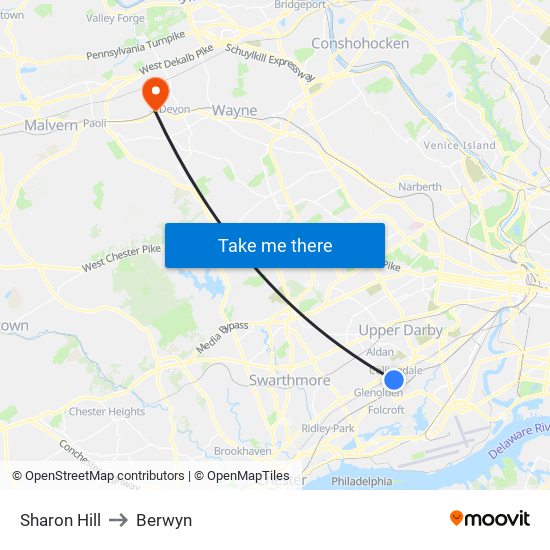 Sharon Hill to Berwyn map