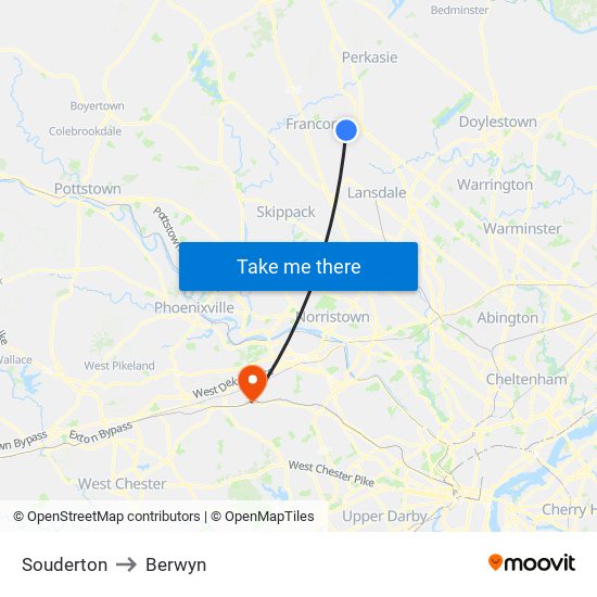 Souderton to Berwyn map
