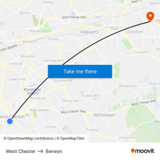 West Chester to Berwyn map