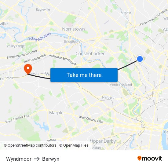 Wyndmoor to Berwyn map