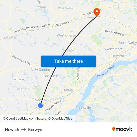 Newark to Berwyn map