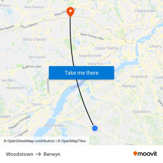 Woodstown to Berwyn map