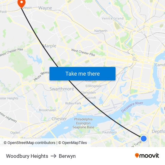 Woodbury Heights to Berwyn map