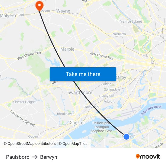 Paulsboro to Berwyn map