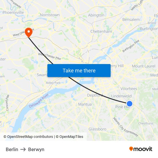 Berlin to Berwyn map