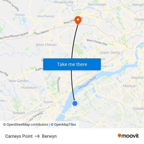 Carneys Point to Berwyn map