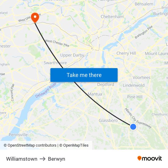 Williamstown to Berwyn map