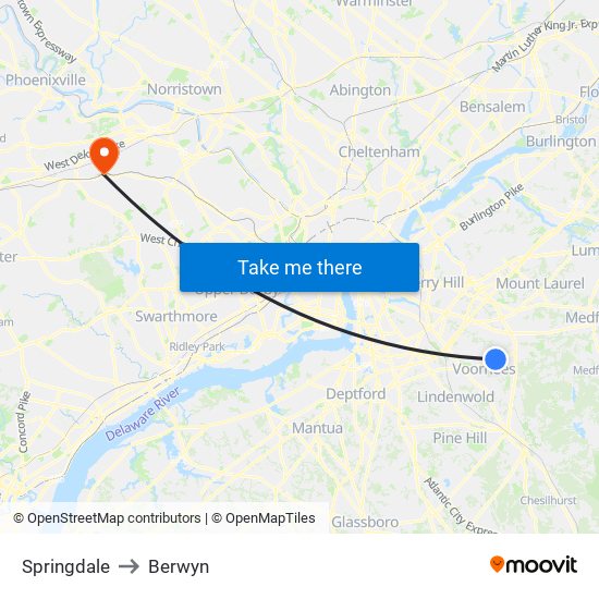 Springdale to Berwyn map