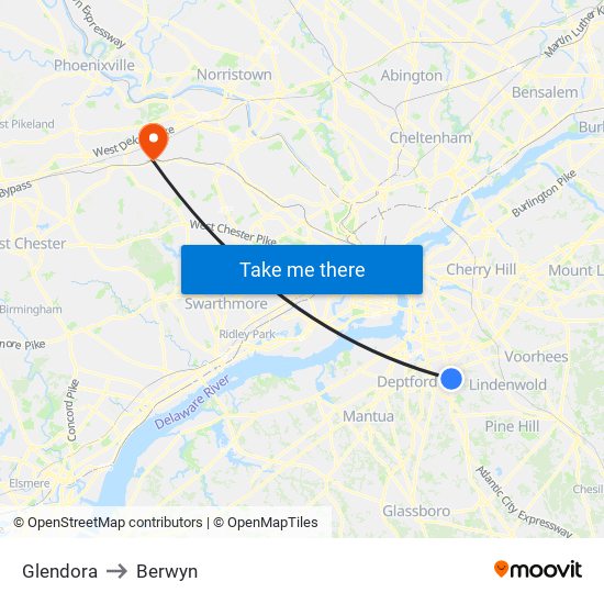Glendora to Berwyn map