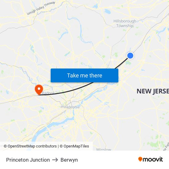 Princeton Junction to Berwyn map