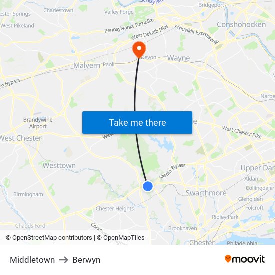 Middletown to Berwyn map