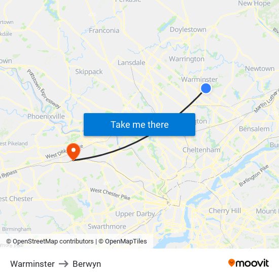 Warminster to Berwyn map