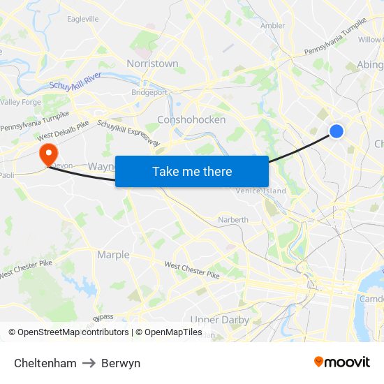 Cheltenham to Berwyn map