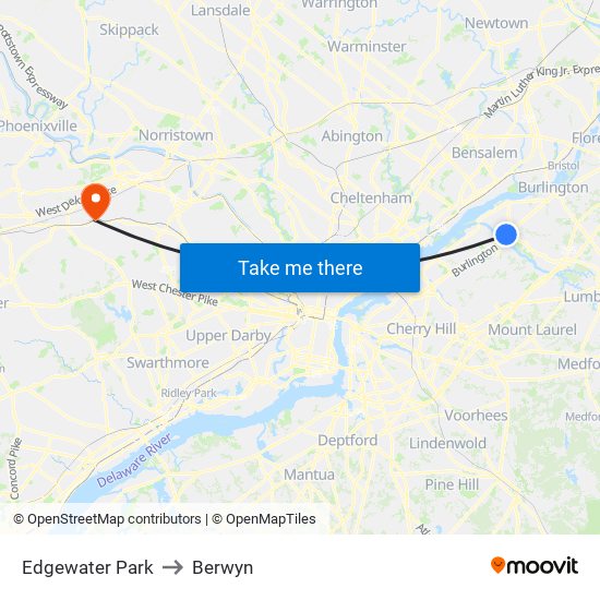 Edgewater Park to Berwyn map