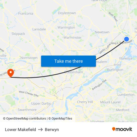 Lower Makefield to Berwyn map