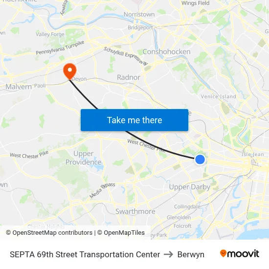 SEPTA 69th Street Transportation Center to Berwyn map
