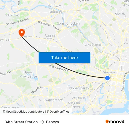 34th Street Station to Berwyn map
