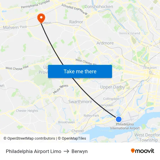 Philadelphia Airport Limo to Berwyn map