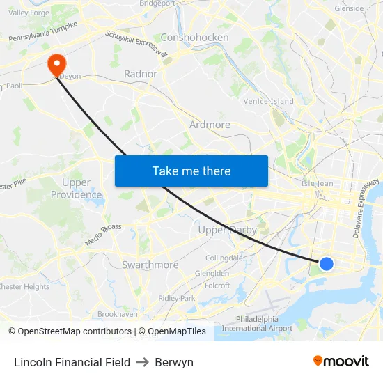 Lincoln Financial Field to Berwyn map