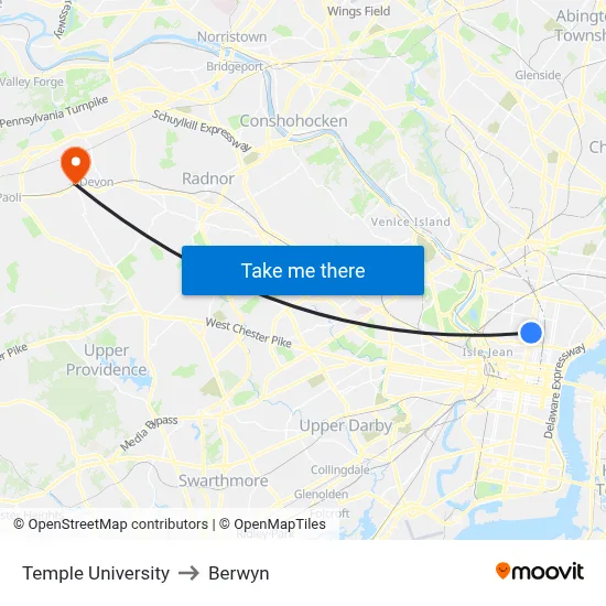 Temple University to Berwyn map