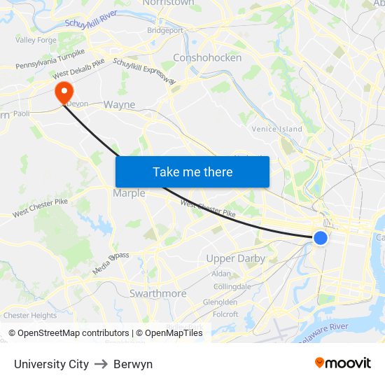 University City to Berwyn map