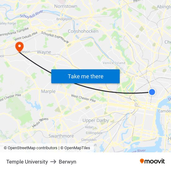 Temple University to Berwyn map