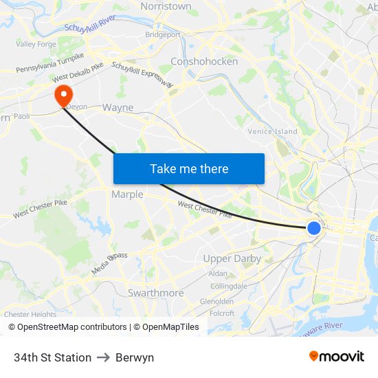 34th St Station to Berwyn map