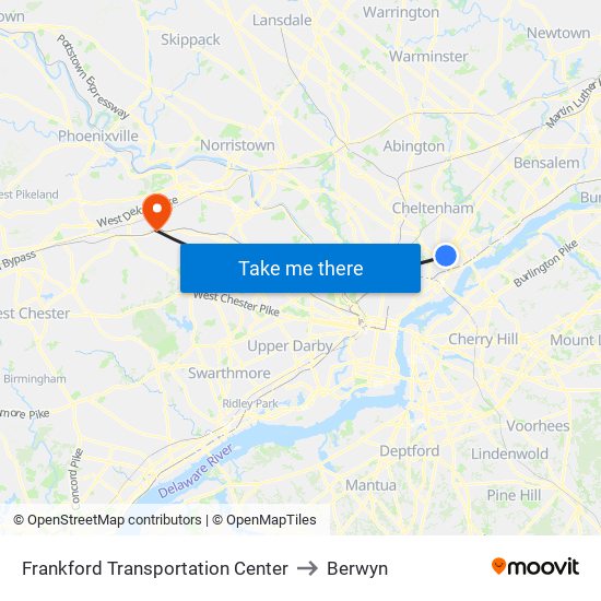 Frankford Transportation Center to Berwyn map