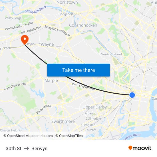 30th St to Berwyn map