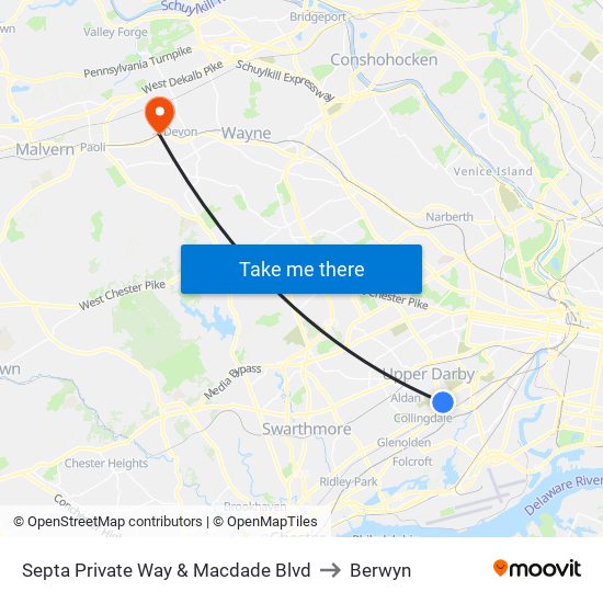 Septa Private Way & Macdade Blvd to Berwyn map